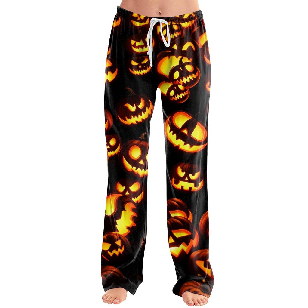 Damen Halloween Print Kordelzug Hose Lässige Lounge Hose Elastischer Bund Entspannte Passform Vollständige Länge Hose für den Alltag