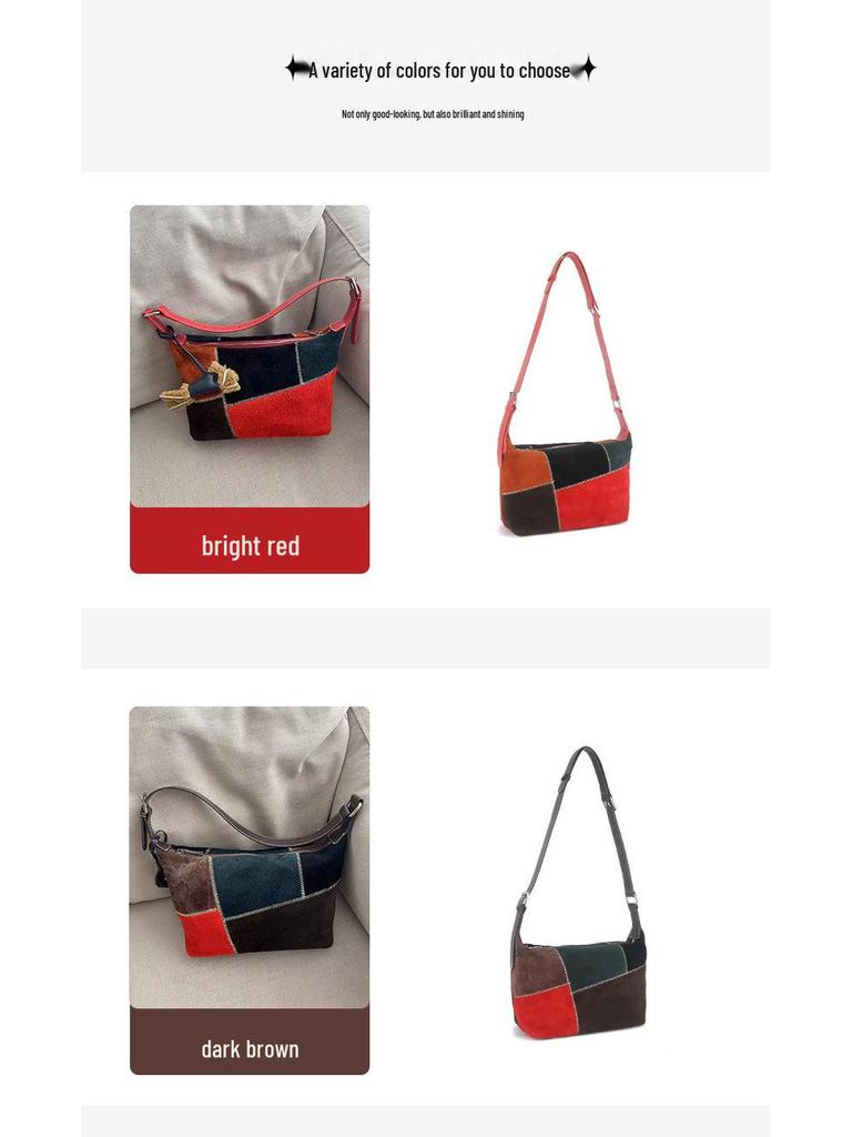Vintage Frosted Cowhide Color Block Hobo Bag: Stylish High-End Handbag and Casual Crossbody Tote.