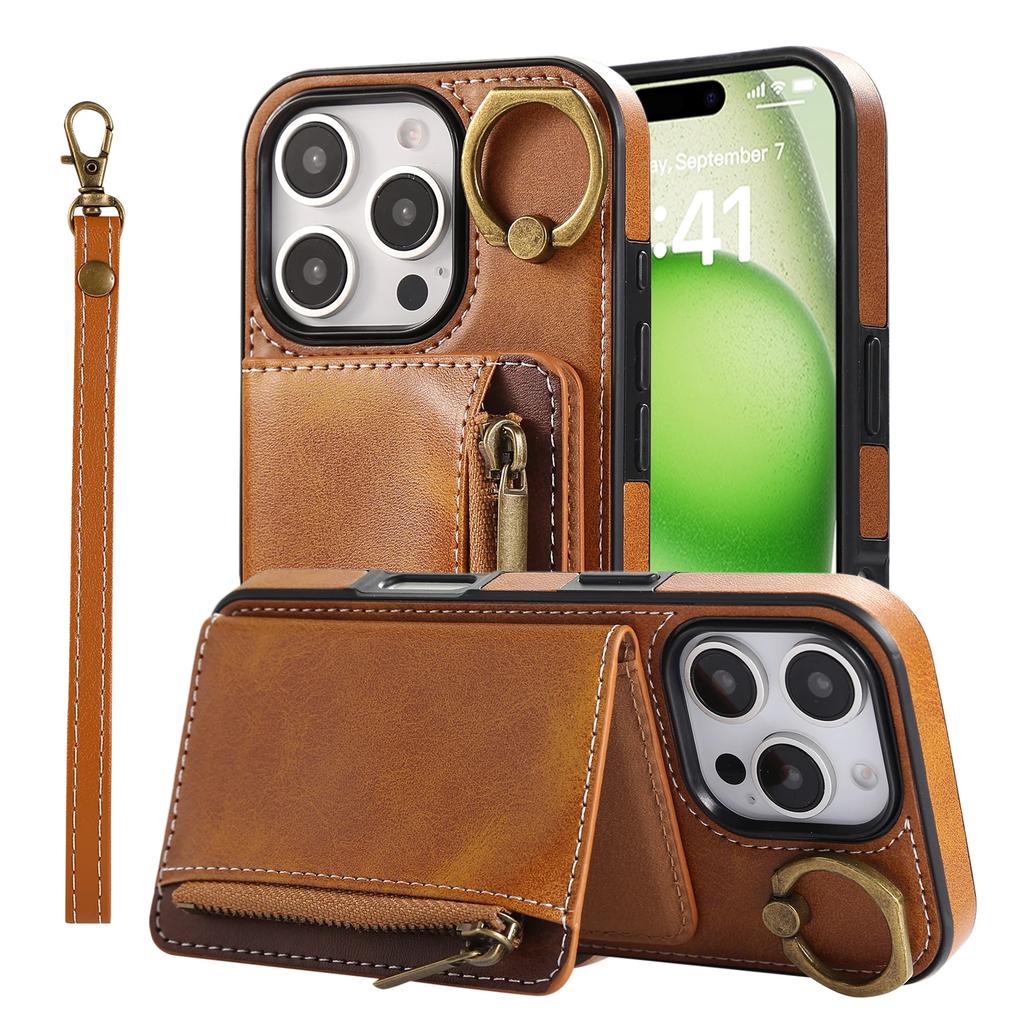 Luxury Leather Card Bag Slot Phone Case for IPhone 16 15 14 16E 13 12 17 Pro Max Plus Cases Stand Sleeve Cover with Wrist Band