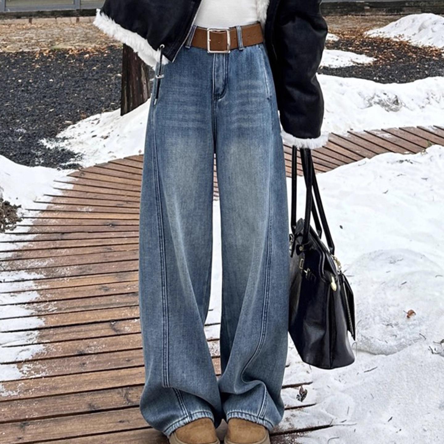 Women s High-Waisted Velvet Wide-Leg Jeans, Blue, Autumn/Winter 2025, Petite American Style 4XL