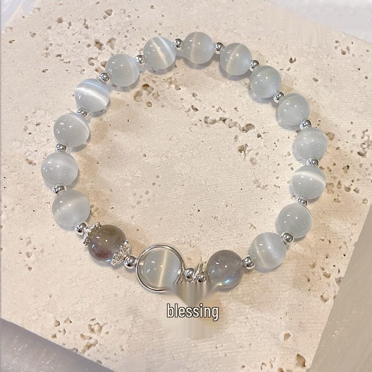 White Cat's Eye Stone Retro Grey Moonstone Bracelet - Women's Mori Style, Fairy-Inspired Niche Design