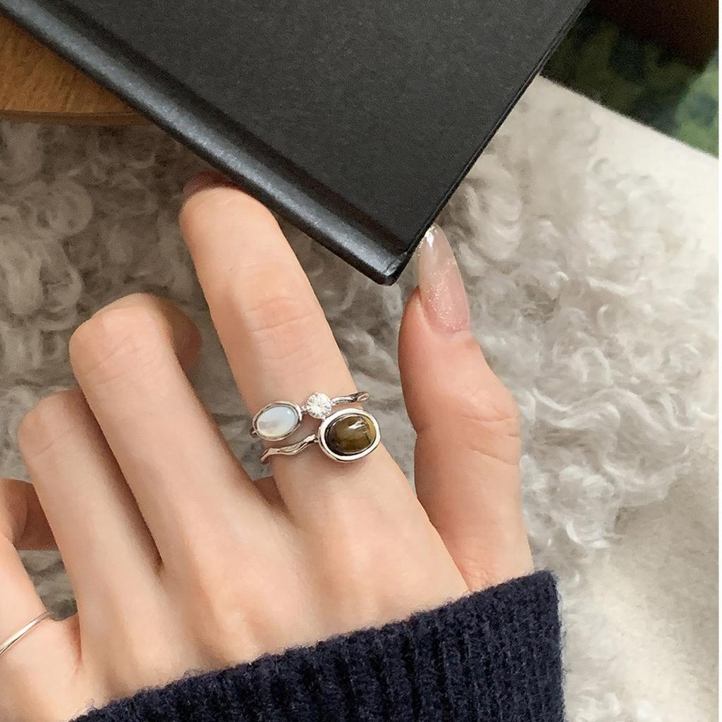 Tiger's eye stone rhinestone double-layer ring design retro index finger ring, no color loss texture ring