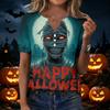 Womens Halloween Print V Neck Short Sleeve T Shirt Button Detail Casual Loose Fit Top for Everyday Wear
