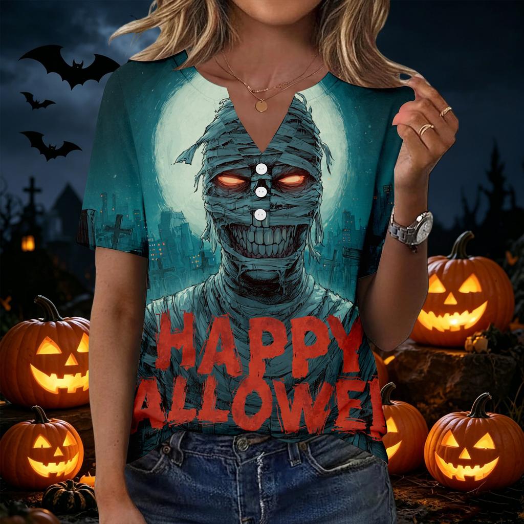 Womens Halloween Print V Neck Short Sleeve T Shirt Button Detail Casual Loose Fit Top for Everyday Wear