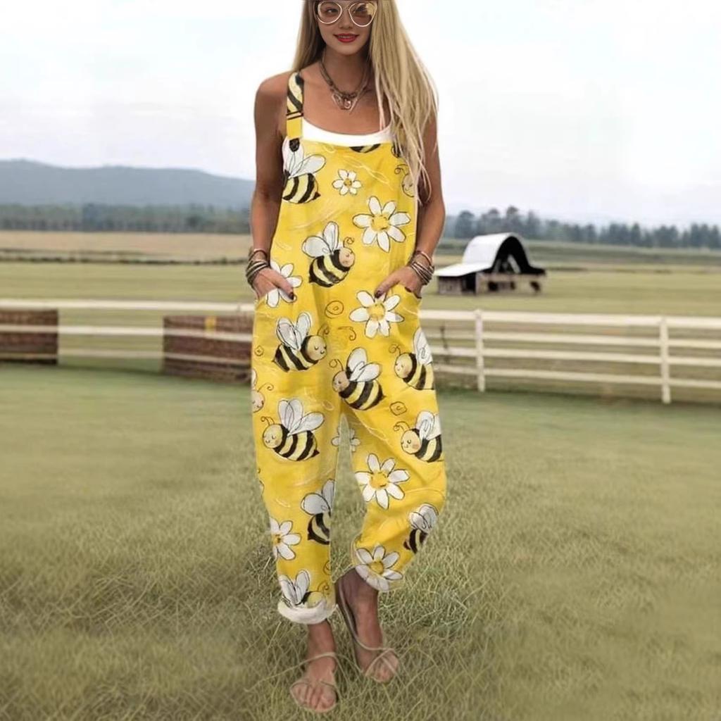 Women's Sleeveless Mid Rise 3D Digital Print Loose Casual Overalls Jumpsuit For Summer