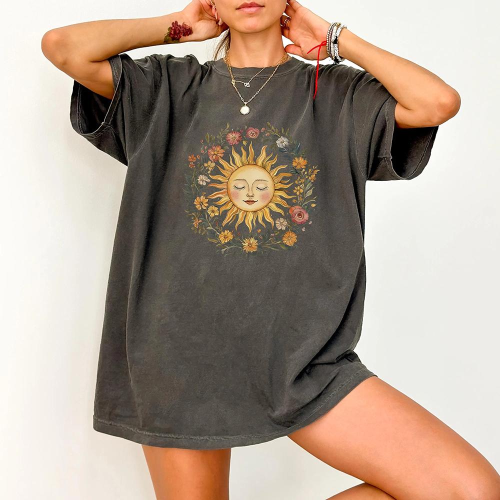 Boho Spiritual Sun Cute Bohemian Comfort TShirt Vintage Women Hippy Floral Outfit Apparel Trendy Y2K Casual Daily Streetwear