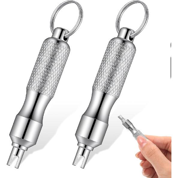 2Pcs Valve Core Removal Keychain, Portable Valve Stem Core Remover | Stainless Steel Valve Core Disassembly and Repair Tools for Bicycle, Car, and