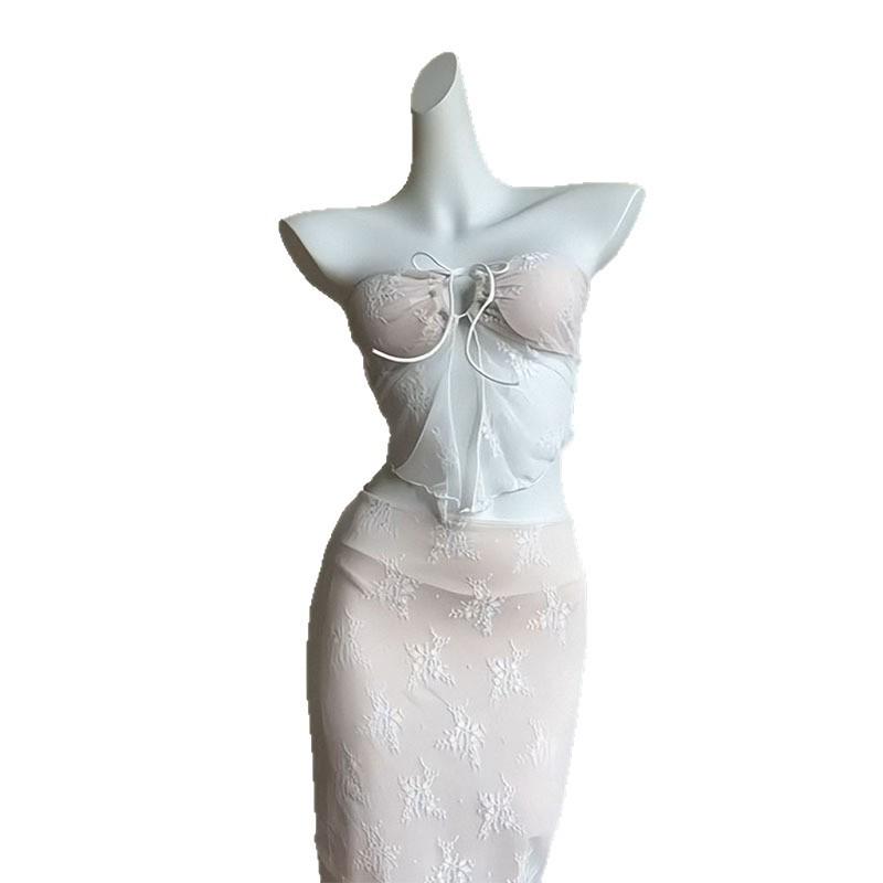 Island Chic: Sexy Lace Bandeau Swimsuit & Split Long Dress for Women