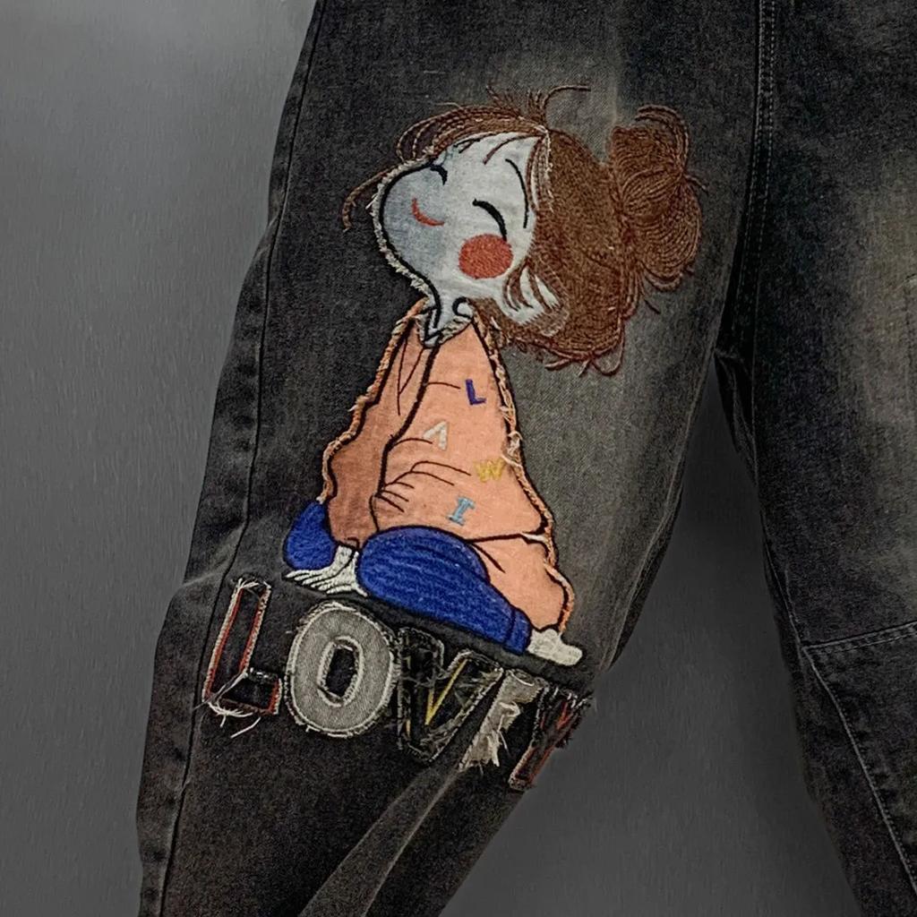 Plus Velvet Thickened Little Girl Embroidered Letters Retro Elastic Denim Harem Pants Women's Winter Leisure Was Thin and Loose Trend
