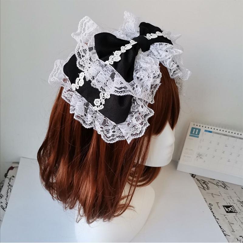 Lovely Sweet Hairband Maid Cosplay Headband Lolita Ruffled Lace Headwear Handmade Double Layer Bowknot Hair Accessory