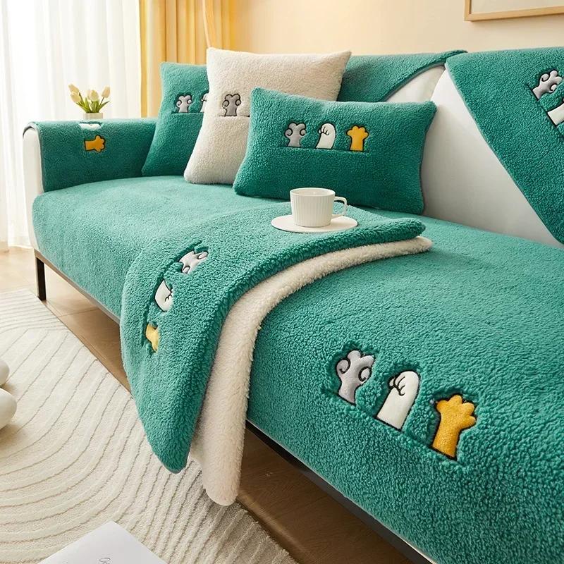Thicken Lamb Plush Sofa Cushion for Living Room Soft Non-Slip Sofa Towel Universal L-shaped Couch Cover Backrest Armrest Towels