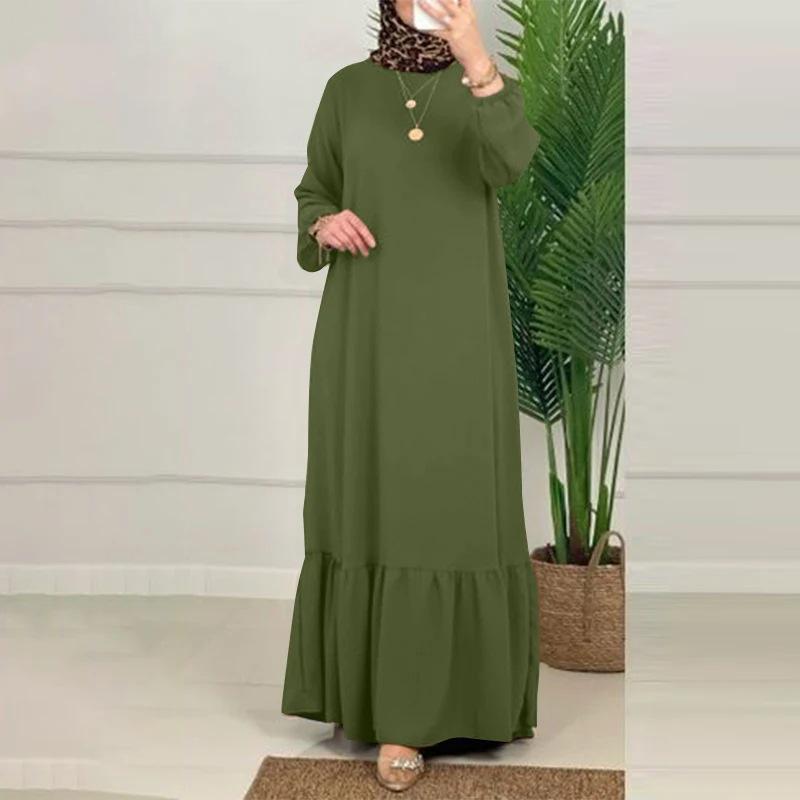 Elegant Puff Sleeve Solid Color Arabic Long Dress with Ruffles