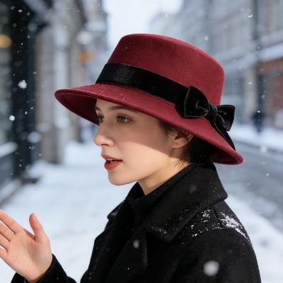 Vintage British Style Black Ribbon Flat Top Bowler Hat Unisex Wide Brim Wool Warm for Autumn Winter Elegant Essential