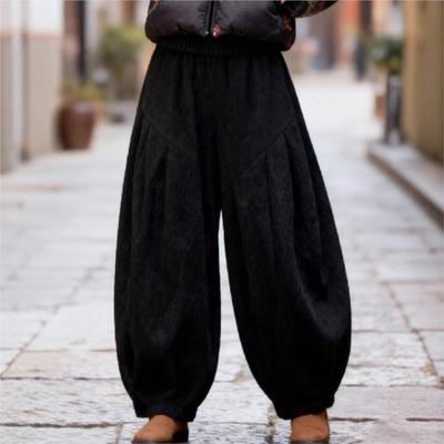 Women Vintage Corduroy Black Bloomers Pants Winter Elastic Waist Loose Trousers Thick Casual Female Pants
