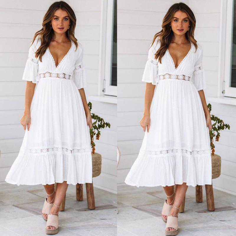 Womens V-Neck Lace Trim Patchwork Cotton Blend Midi Dress Loose Fit Street Style Small белый