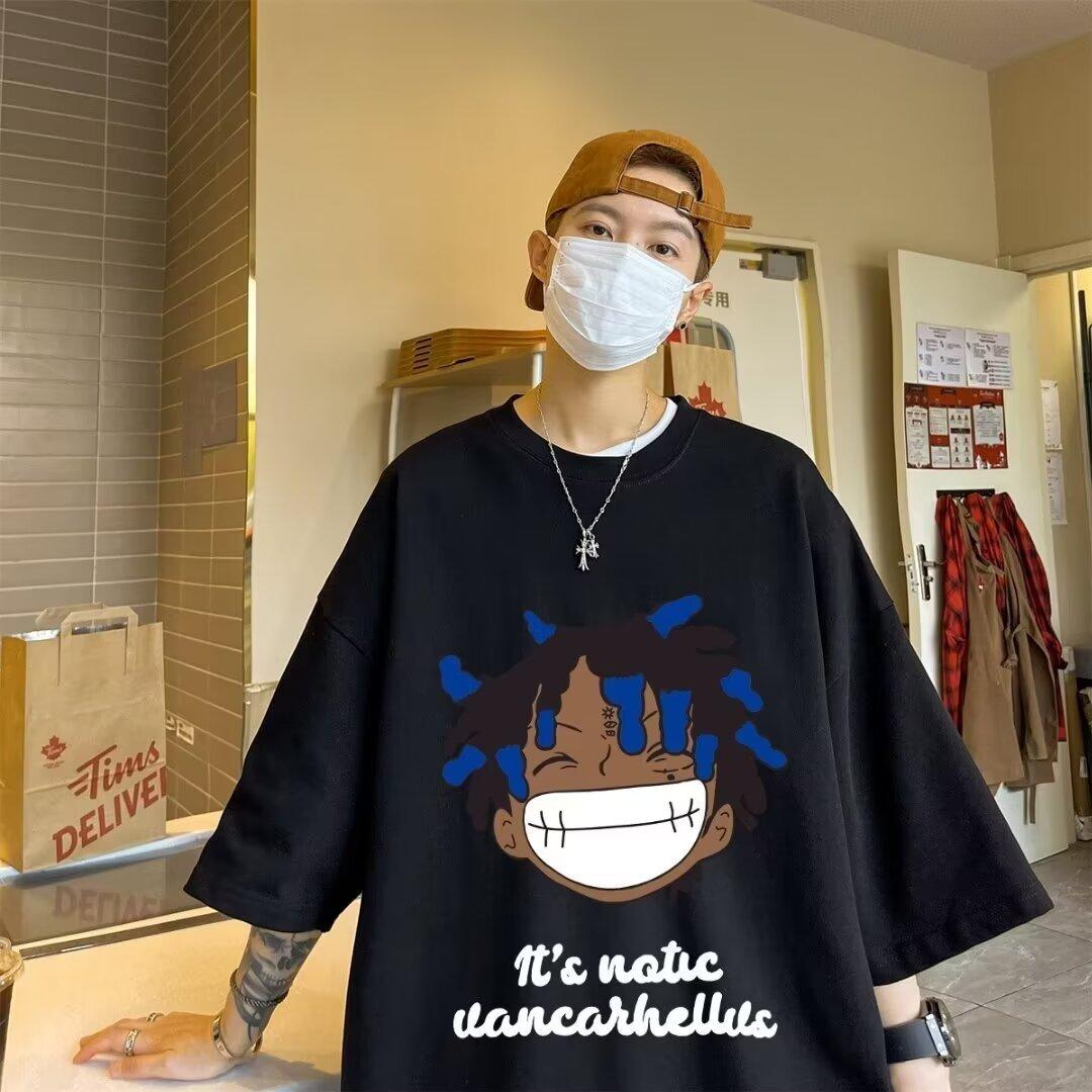 Футболка с коротким рукавом мужская модная брендовая летняя свободная с рукавом пять четвертей модная в стиле минимализма с принтом S чёрный