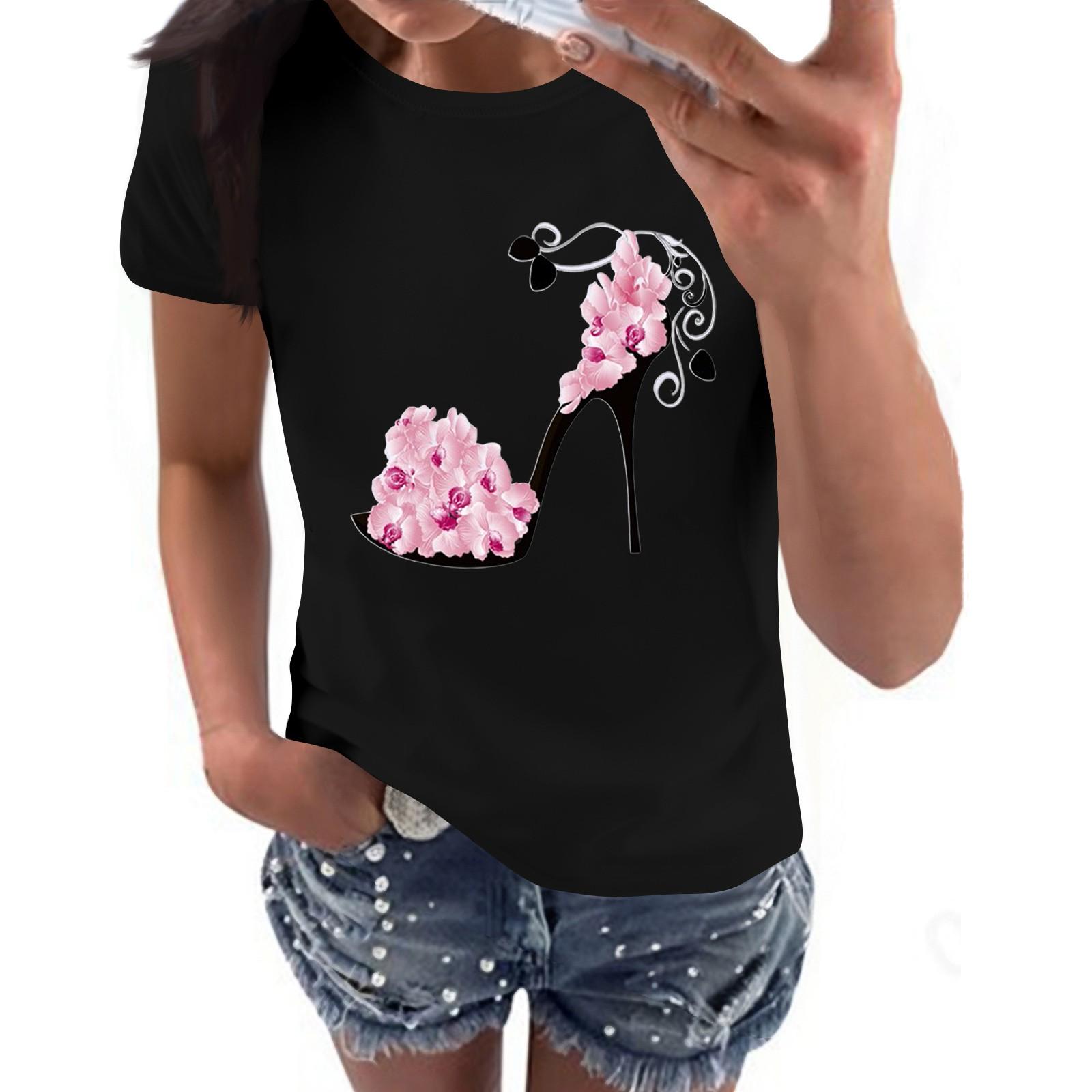 Women s Casual High Heels Floral Print Casual Short-sleeved T-shirt Pullover Round Neck Short-sleeved Top L