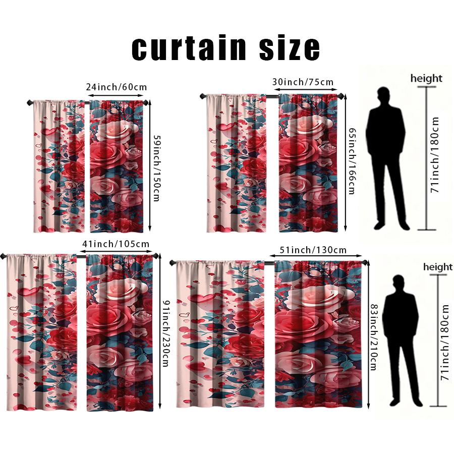 2pcs Romantic Red & Pink Rose Heart Curtains Bedroom Living Room Window Decor Valentine's Day Chic Home Decor Rod Pocket Curtain
