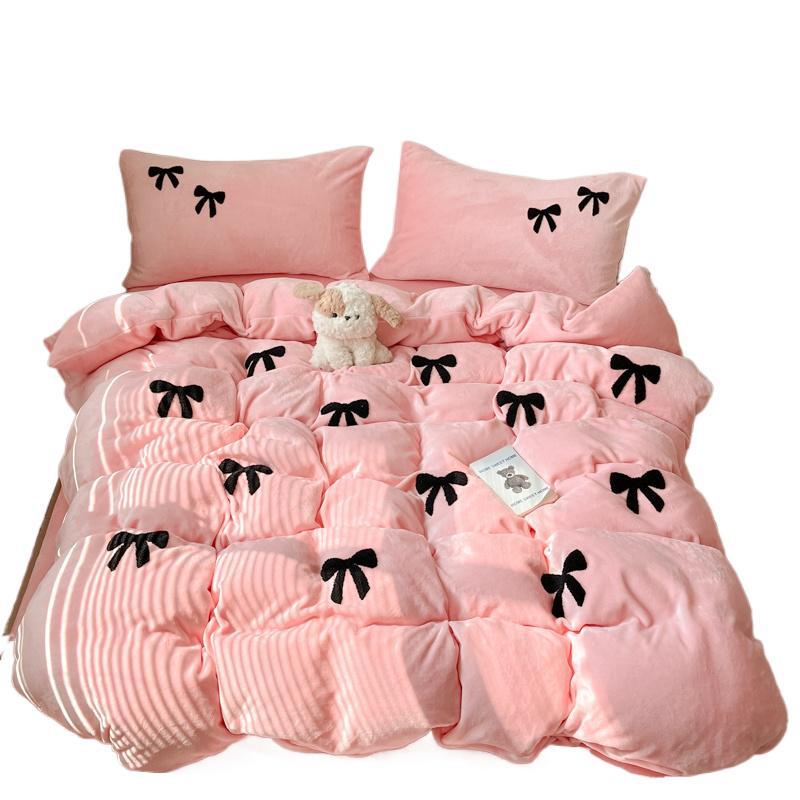 Bow High Gram Weight Thickened Milk Fleece Towel Embroidery Four-Piece Set Bed Sheet Quilt Cover Bedding Three-Piece Set