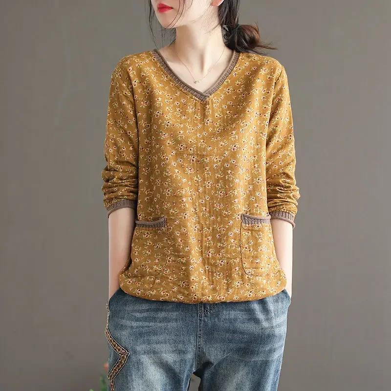 Vintage T Shirt Women Long Sleeve Shirt Cotton Linen V Neck Loose Tee Shirt Woman Autumn Clothes Basic Tshirt Ladies Top Casual