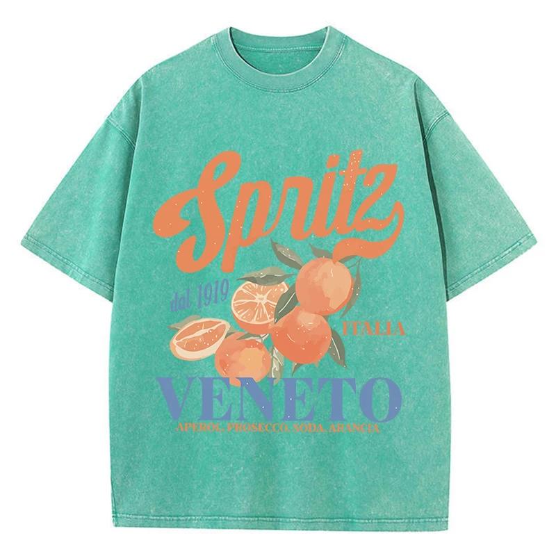 Orange Fruit Printed Washed T-shirt for Men Cotton T-shirt with Holes Round Neck Comfortable Top for Summer
