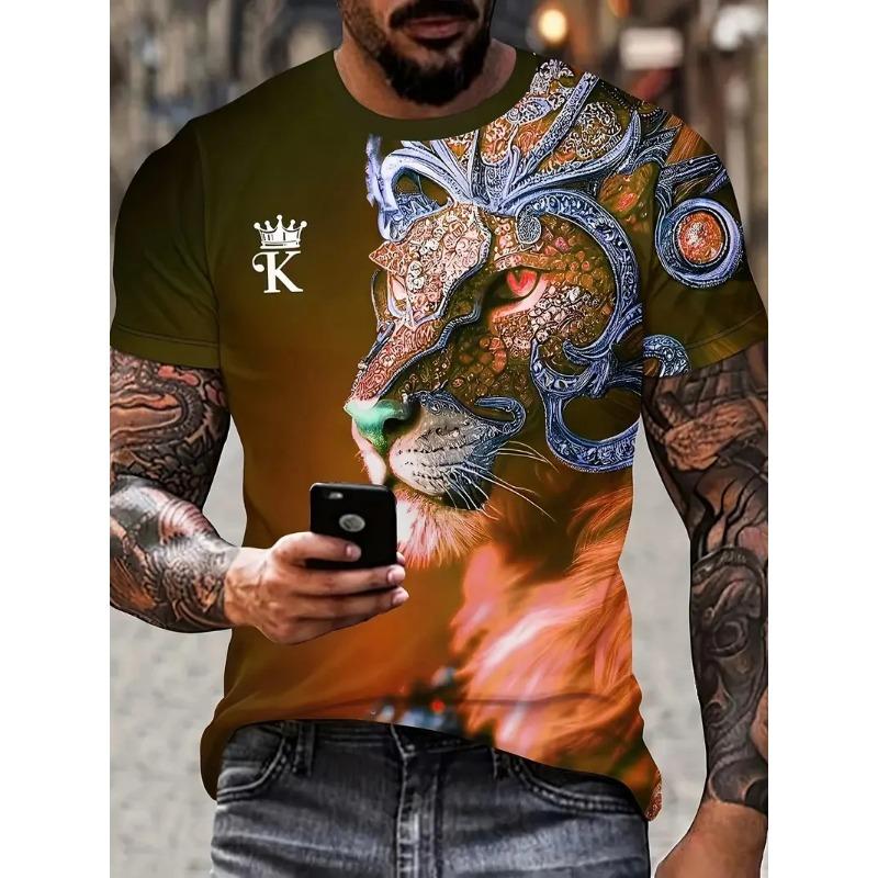 Summer Round Neck Animal Lion Pattern 3D Print Top Fashionable Casual Short Sleeved Men's T-shirts