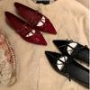 2025 T-strap Pointed Toe Flats Shoes Women Bowtie Buckle Strap PU Leather Elegant Red Mary Janes Shoes Ladies Party Black Pumps