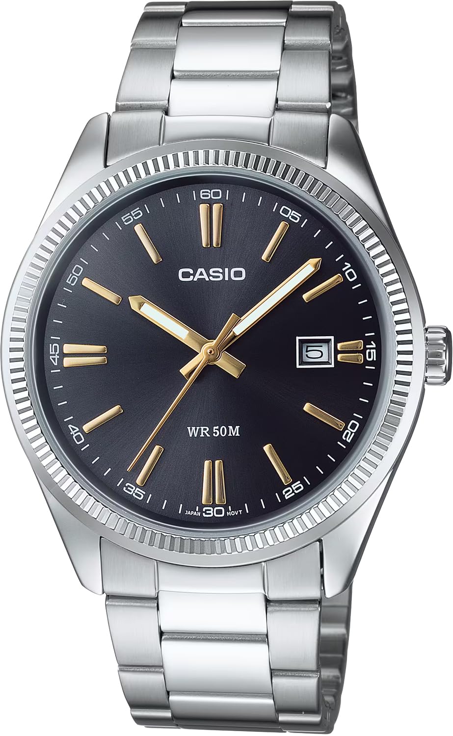 

Casio Analog Quartz Men s Wristwatch MTP-1302D-1A2V Metal Band Silver Dark Gray Dial Gold Index