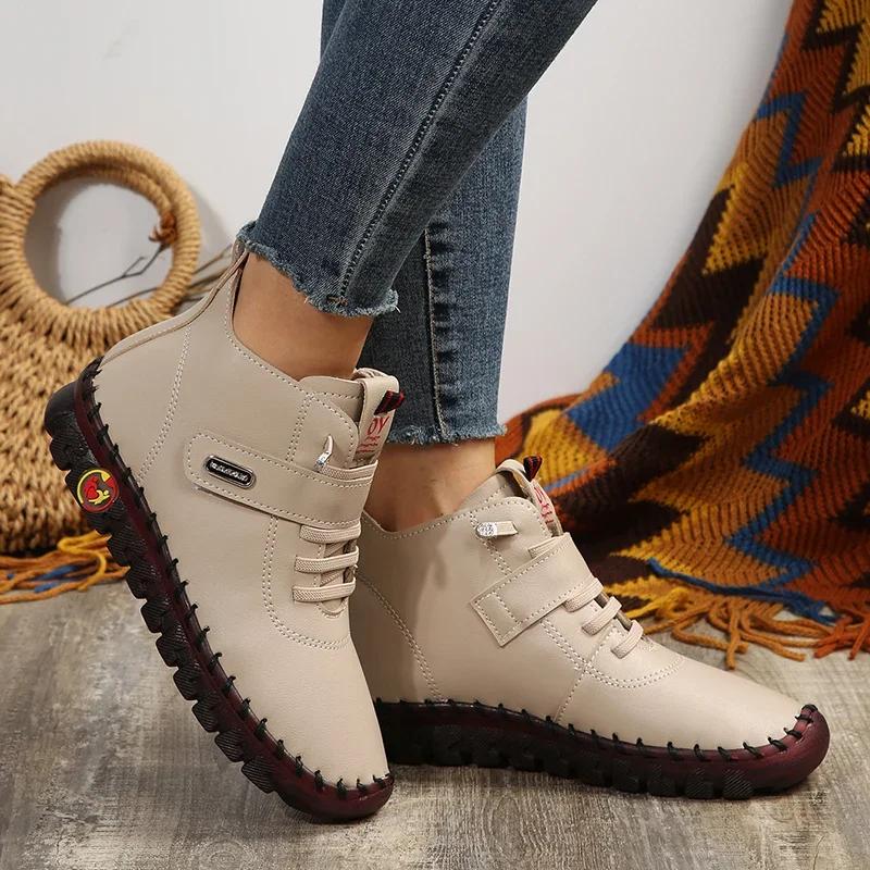 Fashion Brown PU Leather Flat Ankle Boots for Women 2024 Trend Lace Up High Top Sneakers Woman Comfy Soft Sole Casual Shoes Botas Mujer