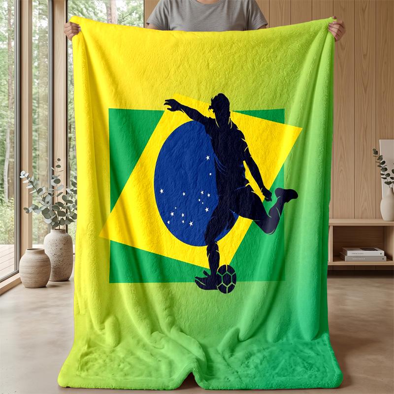 Brazil Football Printed Flannel Blanket Skin Friendly Warm Decorative Throw for Indoor Couch Bed Daily Use
