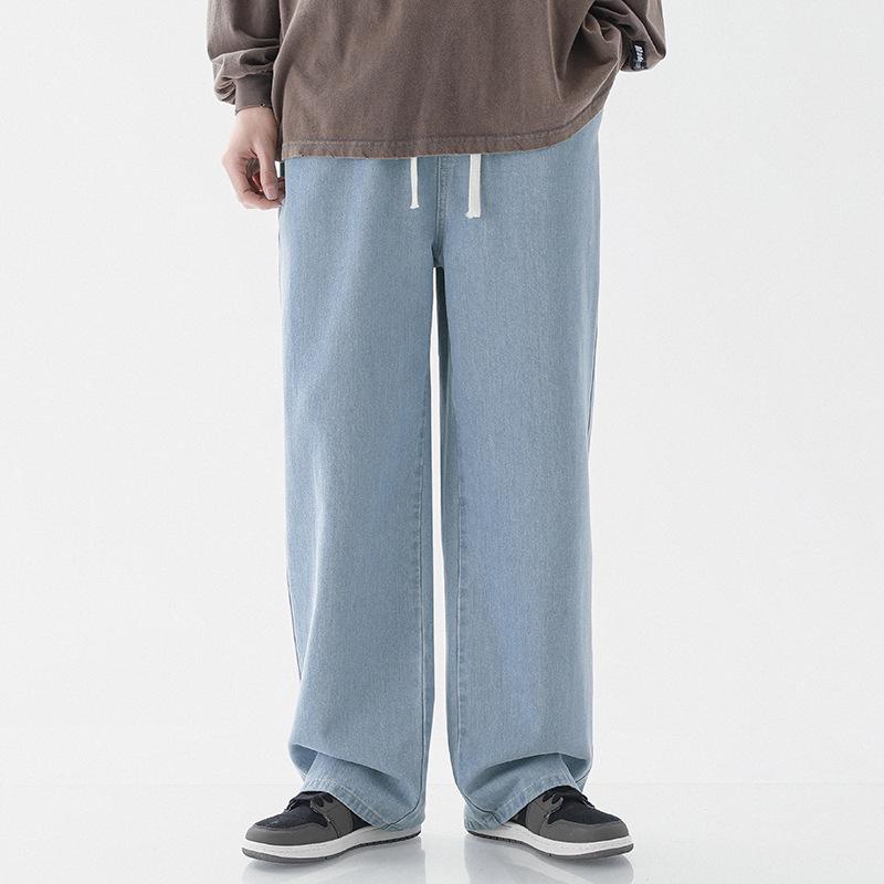 Pánské všestranné jednobarevné volné džíny s rovnými nohavicemi ve stylu high street s elastickým pasem, ležérní široké nohavice