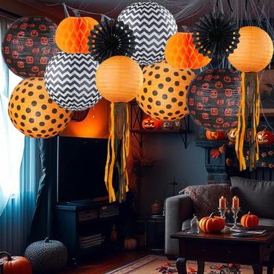 12Pcs Halloween Party Decorations Honeycomb Pumpkin Ball Lanterns Paper Fan Hanging Ornaments Indoor Outdoor Spooky Decor for Home Office Party