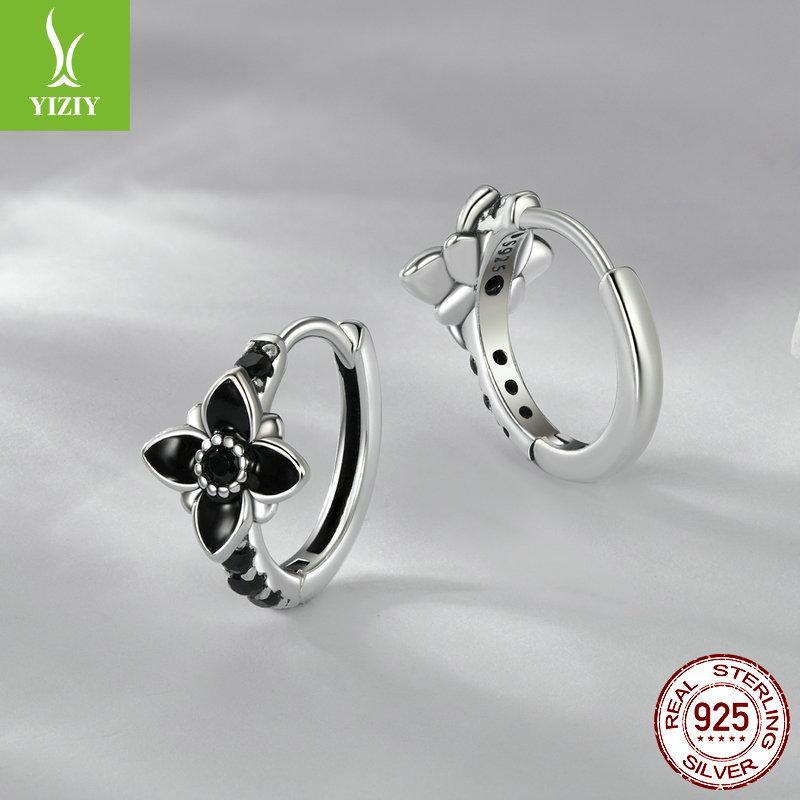 Mysterious Night Flower Ear Buckle, Glamour S925 Sterling Silver Black Flower Earrings Earrings