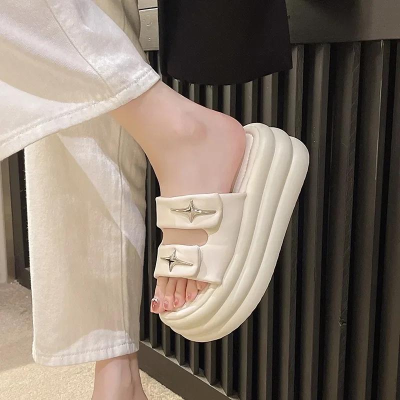 7cm Heels Chunky Platform Slippers For Women Open Toe Leather Wedges Sandals Woman Summer Thick Bottom Female Beach Flip Flops