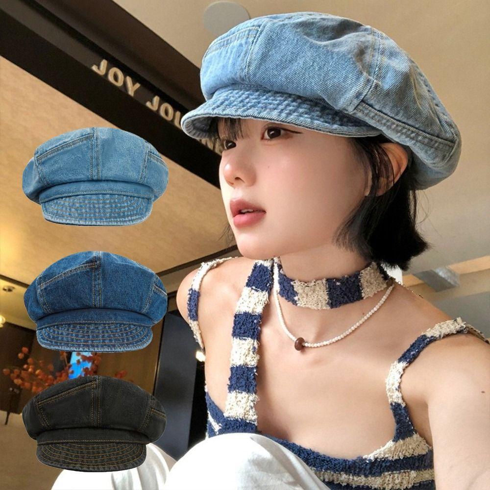 Cloud Octagonal Cap Vintage Peaked Hat Korean Washed Denim Beret  Women