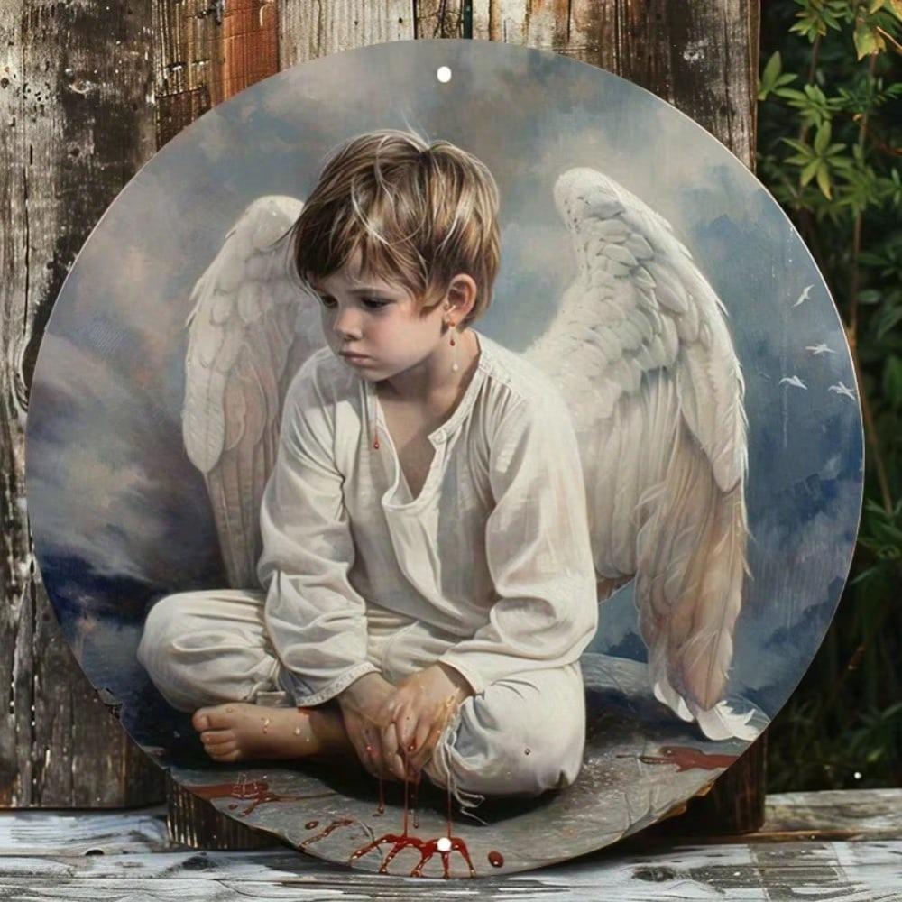 Personalized Metal Art Angel Boy Wall Sign Round Waterproof Wreath Outdoor Home Decor 20x20