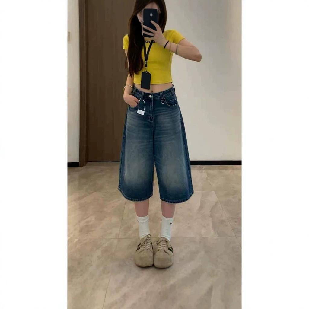 Bermuda in Denim a Vita Alta Gamba Larga da Donna Jeans Cropped Larghi Lavaggio Vintage per Estate Casual Streetwear