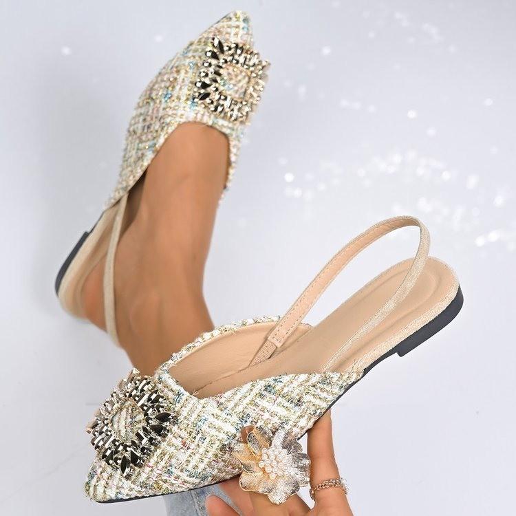 Baotou Sandals Women's New Rhinestone Square Buckle Rear Low Heel Pointed Single Shoes
