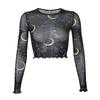 Sexy Mesh Long Sleeve T-shirt Women Perspective Crop Top Stars Moon Print Streetwear