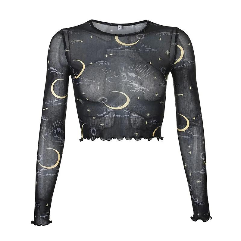 Sexy Mesh Long Sleeve T-shirt Women Perspective Crop Top Stars Moon Print Streetwear