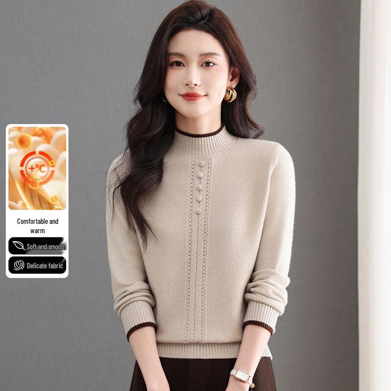 SNOWFLYING Women s Colorblock Button Half-High Neck Knit Sweater L