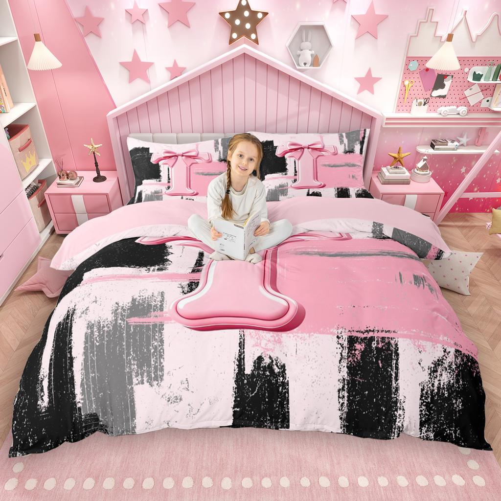 Homewish Girls Bow Monogrammed Duvet Cover Set 2Pcs/3Pcs Black Pink Ombre Bedding Set Personalized Letter A To T Quilt Cover