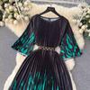 Summer Beach Leopard Print Miyake Oversized Dress Women Clothing Flare Sleeve Belt Big Swing Pleated Loose Long Robe