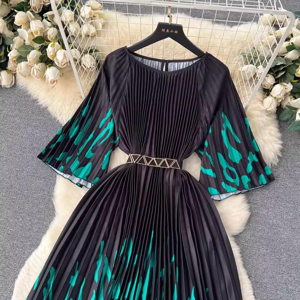 Summer Beach Leopard Print Miyake Oversized Dress Women Clothing Flare Sleeve Belt Big Swing Pleated Loose Long Robe