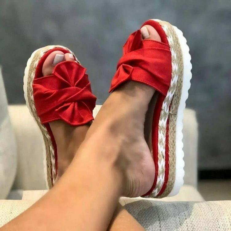 Summer Wedge-heeled Bow Sandals and Slippers Women's Beach Thick-soled Hemp Rope Large Size Slippers