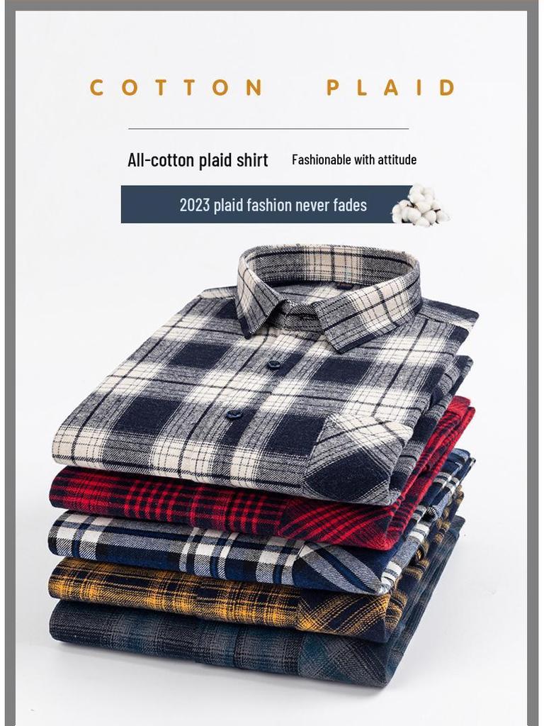 New Men's Plus Size Brushed Cotton Plaid Long Sleeve Shirt for Middle-Aged & Elderly with Straight Hem
