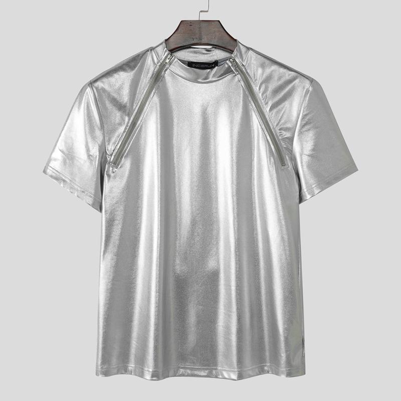

INCERUN Мужские футболки с высоким воротником, с коротким рукавом, с блестками, повседневные, приталенные топы 3XL серебряный
