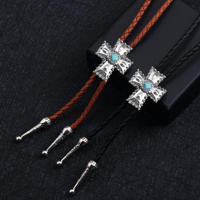 Western Bolo Tie Faux Leather Rope Necklace Cross Stone Pendant Cowboy Jewelry Necktie for Men Women