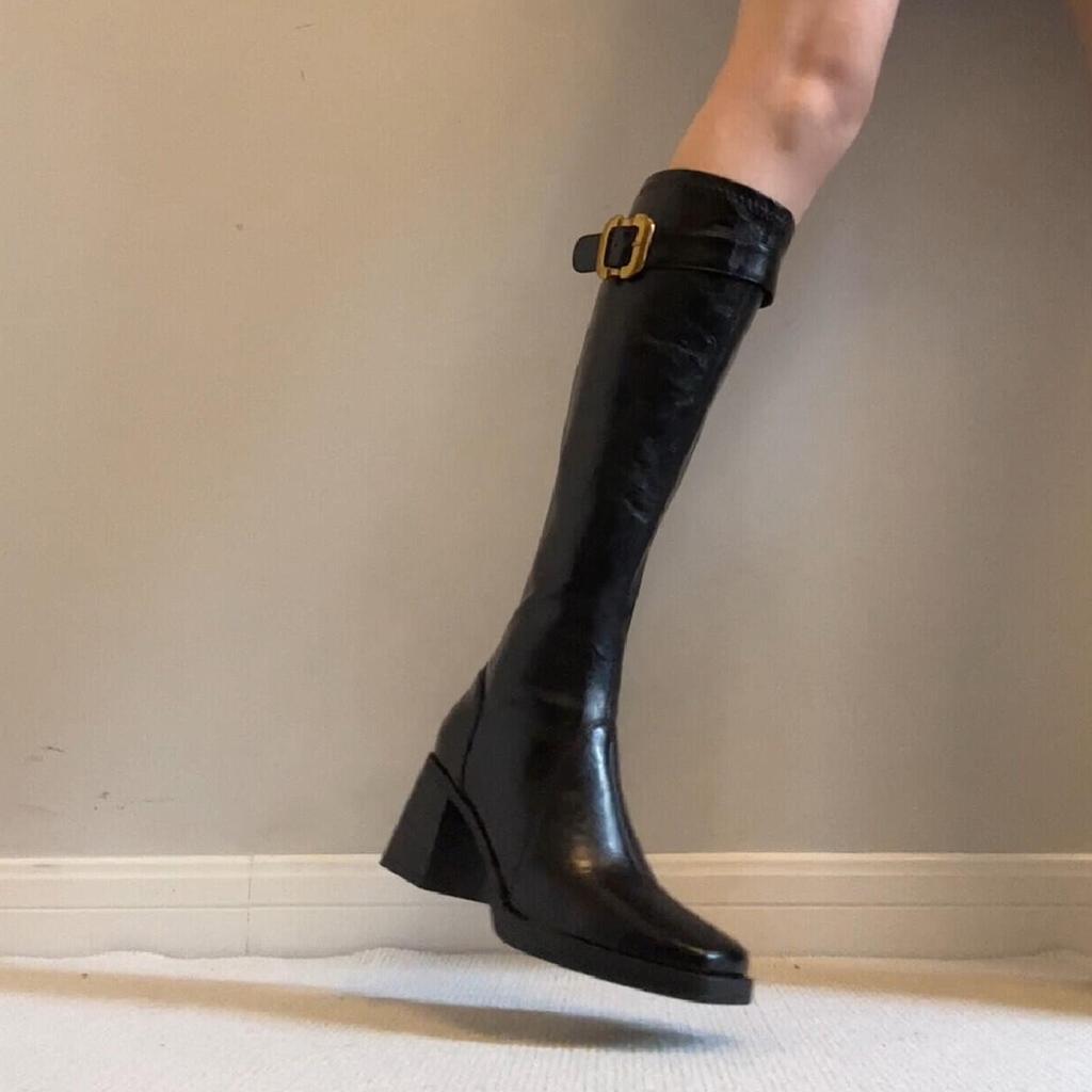 British Skinny Straight High Heel Skinny Boots Women's Versatile Square Head Belt Buckle Temperament Rear Zipper Boots