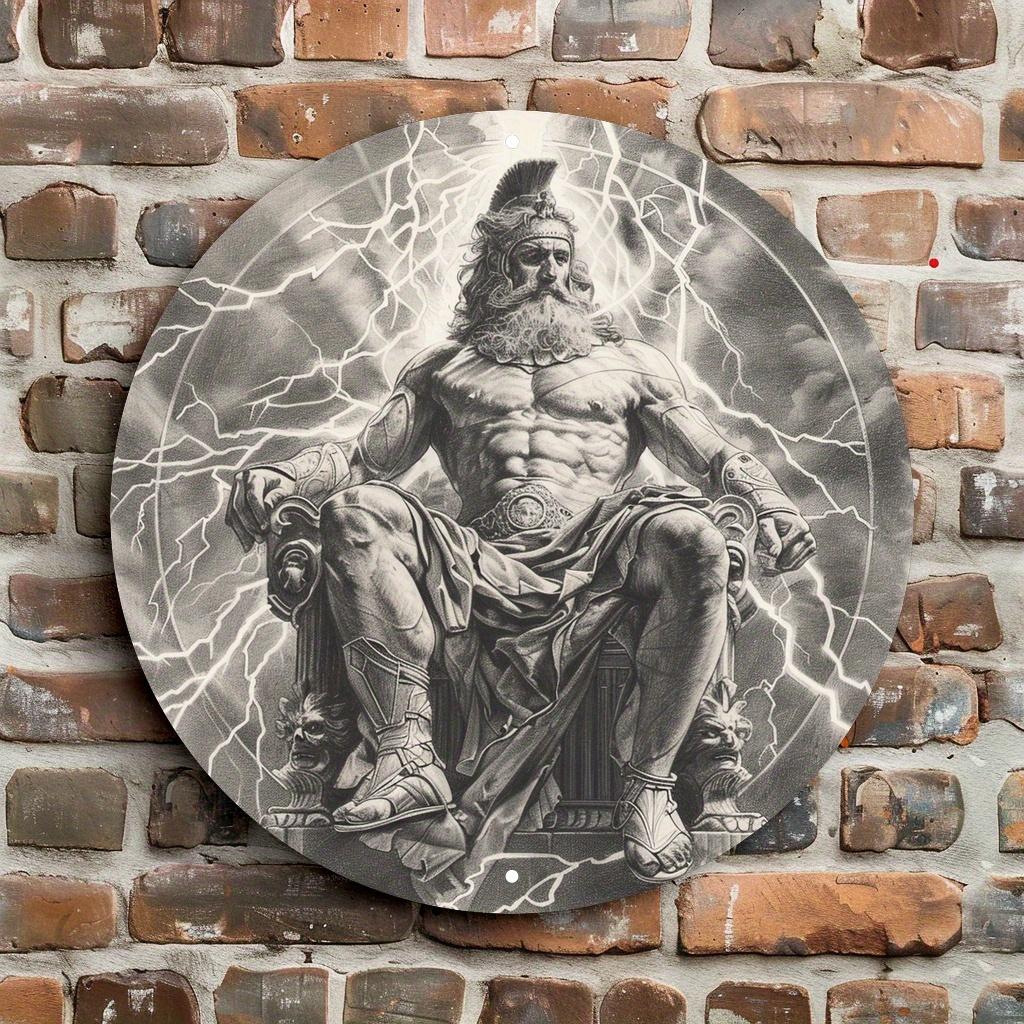 D Flat High Definition Metal Wall Art Greek God Zeus Sitting on Throne with Lightning Bolt and Thunderstorm Background Metal Si 20x20cm(8x8inch)